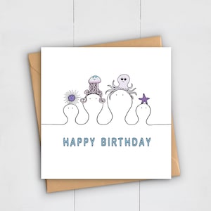 Tarjeta de cumpleaños con medusas y pulpos: bajo el mar, tarjeta de cumpleaños para niños, linda vida marina, divertida, océano, tema de playa.