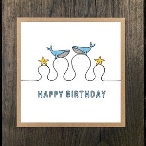 Carte d'anniversaire Happy Heads baleines - une seule carte de voeux avec enveloppe kraft - vierge à l'intérieur (10 % de profit pour Young Minds)