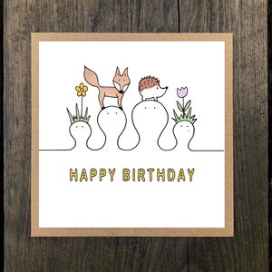 Carte d'anniversaire renard et porc Happy Heads - une seule carte de voeux avec enveloppe kraft - vierge à l'intérieur (10 % de bénéfice pour Young Minds)