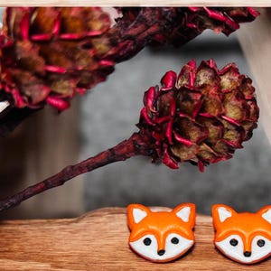 Könnte beinhalten: Zwei orange und weiße, fuchsförmige Dekorationen mit schwarzen Augen und Nasen liegen auf einer Holzoberfläche. Darüber befinden sich getrocknete, rotbraune Samenkapseln und Stiele. Die Artikel werden in einem Holzrahmen präsentiert.