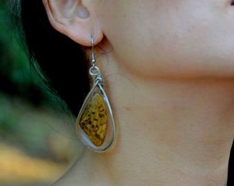 Orange Butterfly Wing Necklace, Alpaca Teardrop Pendant, Nature Theme Earrings, Butterfly Gift