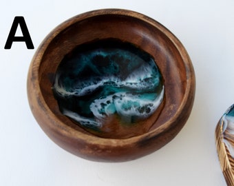 Vintage Wood Ring Dish, Coastal key dish, Resin Ocean Art, Beach Engagement