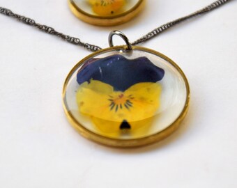 Pansy Necklace, Brass Floral Pendant, Pressed Flower, Christmas Gift