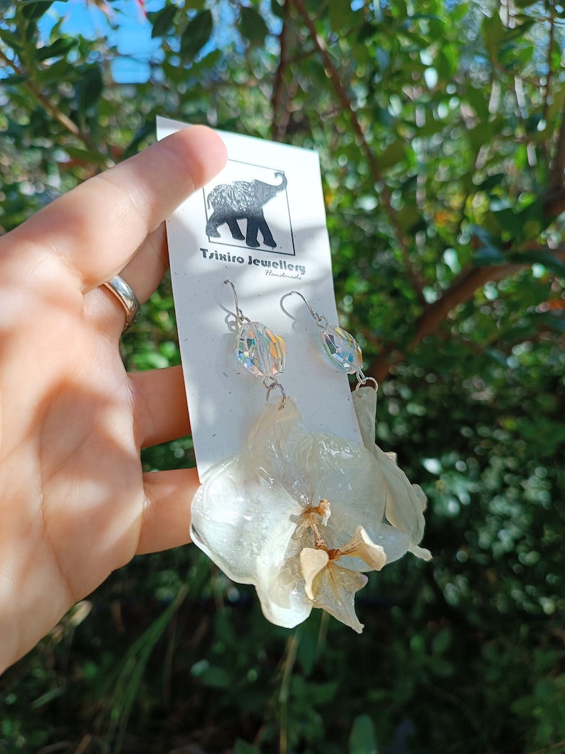 White medium Orchids Earrings with Swarovski, Queen serenity,Preserved wild orchids, Spiritual Jewelry, Terrarium earrings, Gardener Gift image 7