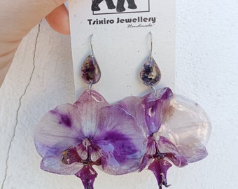 Purple big Orchids Earrings with teardrops, Preserved wild orchids, Spiritual Jewelry, Terrarium earrings, Gardener Gift