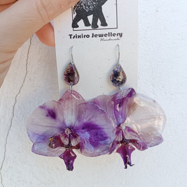 Boucles d’oreilles violettes grandes orchidées avec larmes, orchidées sauvages préservées, bijoux spirituels, boucles d’oreilles Terrarium, cadeau jardinier