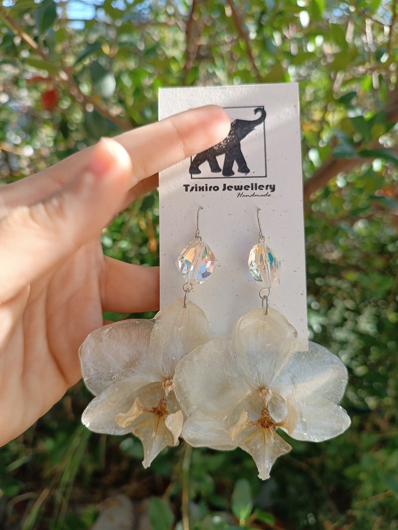 White medium Orchids Earrings with Swarovski, Queen serenity,Preserved wild orchids, Spiritual Jewelry, Terrarium earrings, Gardener Gift image 10