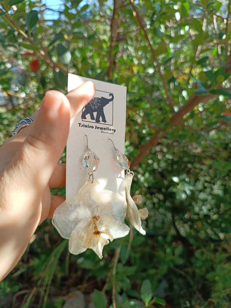 White medium Orchids Earrings with Swarovski, Queen serenity,Preserved wild orchids, Spiritual Jewelry, Terrarium earrings, Gardener Gift image 8
