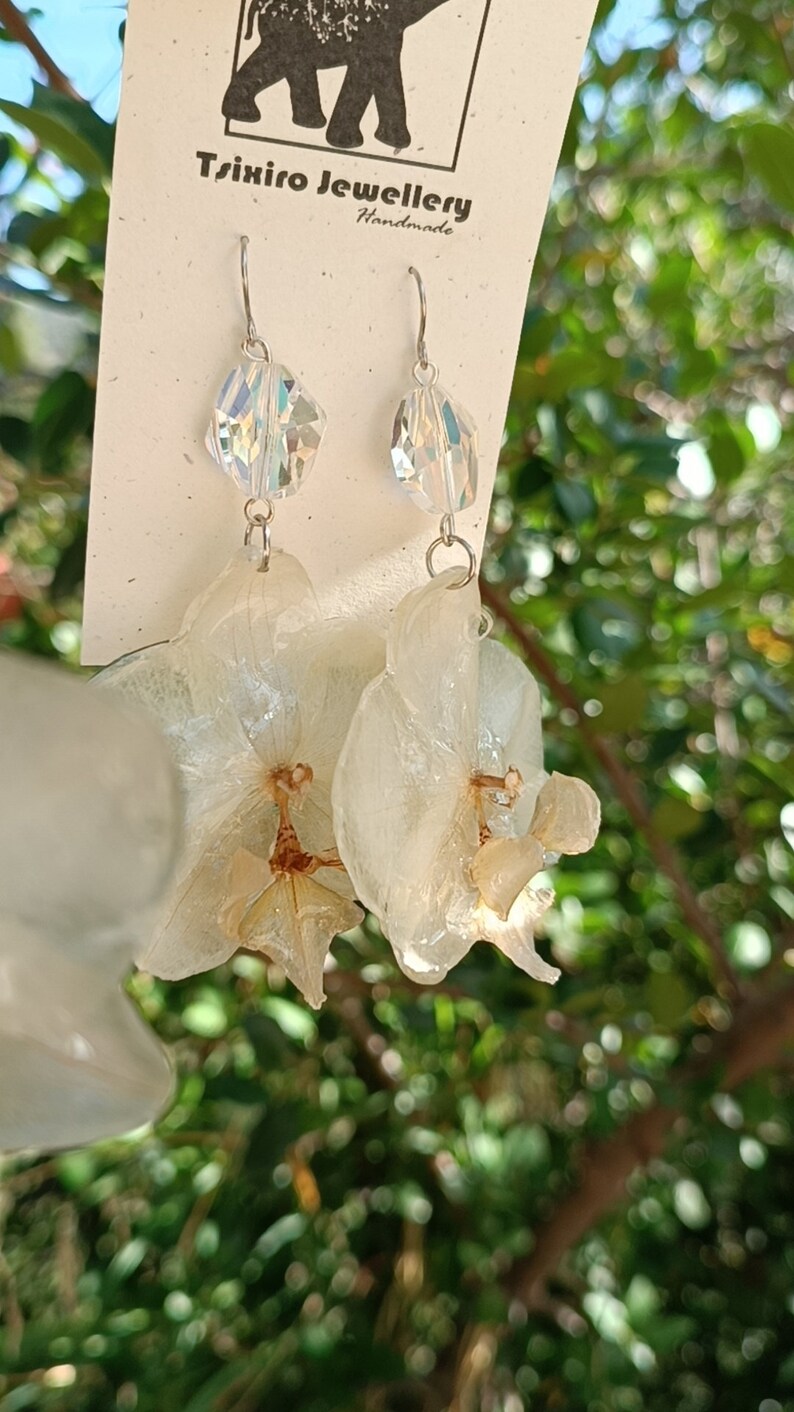 White medium Orchids Earrings with Swarovski, Queen serenity,Preserved wild orchids, Spiritual Jewelry, Terrarium earrings, Gardener Gift image 5