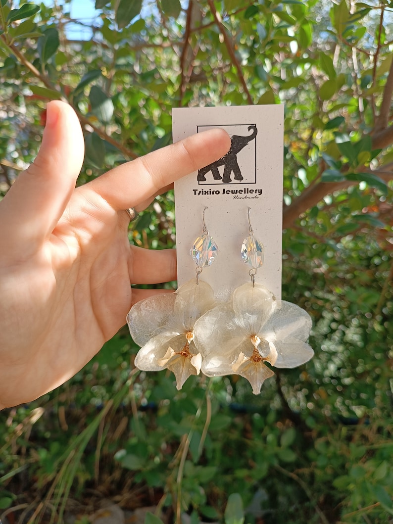 White medium Orchids Earrings with Swarovski, Queen serenity,Preserved wild orchids, Spiritual Jewelry, Terrarium earrings, Gardener Gift image 9