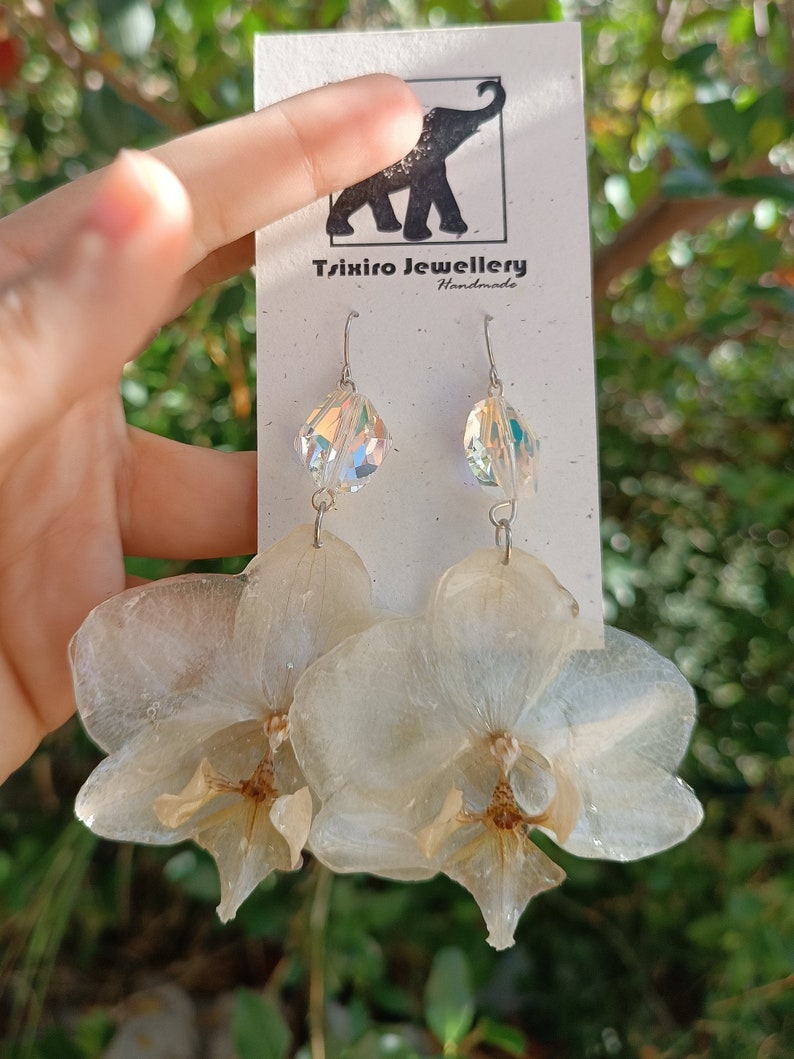 White medium Orchids Earrings with Swarovski, Queen serenity,Preserved wild orchids, Spiritual Jewelry, Terrarium earrings, Gardener Gift image 1