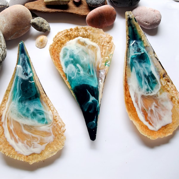 Seashell Trinket Dish, Pinna Resin Beach Art, Gift for Beach Lover