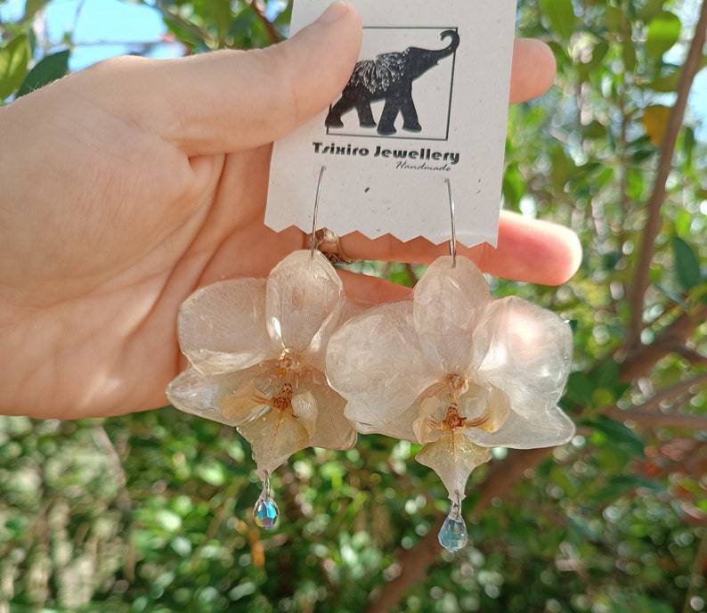 White medium Orchids Earrings with Swarovski, Queen serenity,Preserved wild orchids, Spiritual Jewelry, Terrarium earrings, Gardener Gift image 4