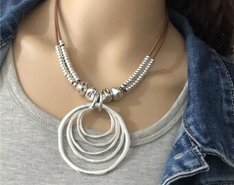 Necklaces for women/Large geometric circles silver necklace pendant/short necklace/boho beaded necklace/bohemian jewelry/leather suede