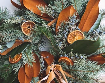 PRE-ORDER- shipping 2nd week of November! Fresh wreath- magnolia, juniper & orange
