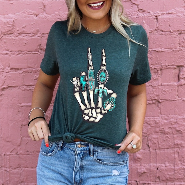 Concho Ring Shirt, Skeleton Rock Hands, Western Shirt, Metallica Shirt, Country Music Shirt, Wedding Ring Shirt, Turquoise Ring Shirt