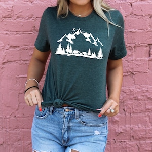 Mountain Shirt, Mountain Silhouette Shirt, Camp Outdoors Nature Campers T-Shirt Tent Forest Camper Nature Lovers Gift Shirt for Men - Women