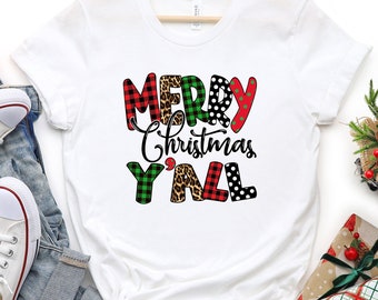 Merry Christmas Shirt, Christmas Y'all Leopard Buffalo Plaid Shirt, Family Matching Christmas Shirt, Christmas Party Tee, Family Group Shirt