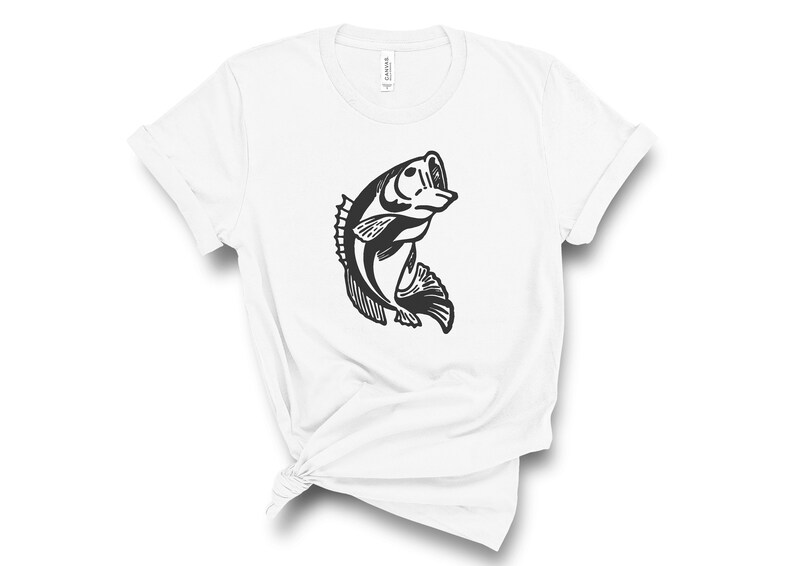 以下が含まれることがあります： 水から飛び出すバスの黒いシルエットが描かれた白いTシャツです。