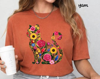 Floral Cat fall Shirt, Kittens Autumn Shirt, Botanical Cat Lover Gift, Floral Kitten Tee,Wildflower Cat T-Shirt, Nature Lover Shirt,