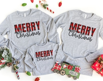 Camisa navideña a cuadros de búfalo, sudadera navideña, camisas navideñas para la familia, camisas familiares para las fiestas, camisa de Papá Noel, árbol de Navidad