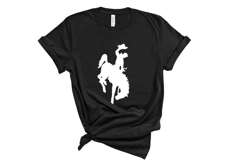 May include: A black t-shirt with a white silhouette of a cowboy riding a bucking horse.