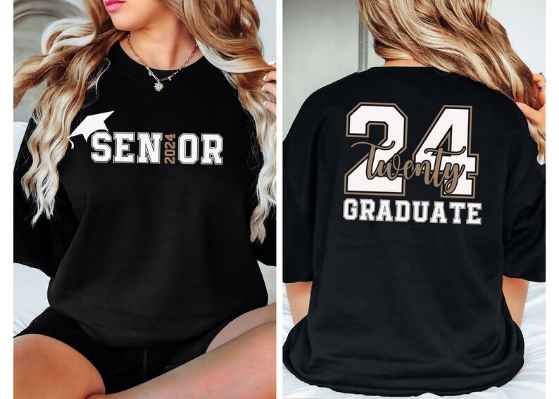 Puede incluir: Sudadera negra con "SENIOR 2024" estampado en la parte delantera, con un gr&aacute;fico de birrete. La parte trasera muestra "24 Twenty GRADUATE" en una combinaci&oacute;n de colores contrastantes. Una prenda elegante para la clase de graduaci&oacute;n de 2024.