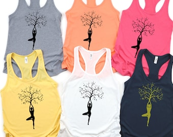 Yoga Tree Shirts - Yoga Tank Tops for Women - Yoga Exercise Shirts-  Yoga Tree Pose - Racerback Tank Top - Graphic Yoga Tanks