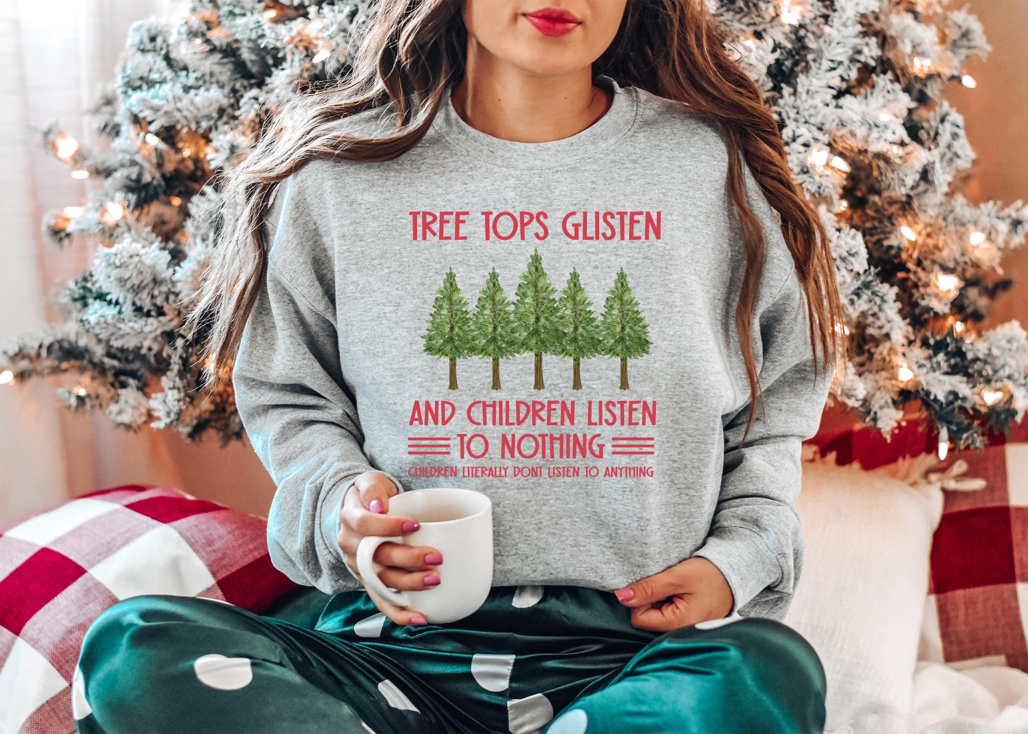 Funny Christmas T-Shirt For Women - Treetops Glisten Children Listen Vintage Bleached Tee - View #3