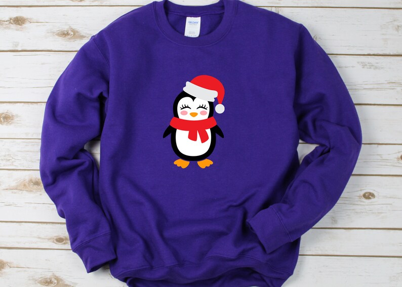 May include: Purple long-sleeved sweatshirt with a cartoon penguin wearing a red Santa hat and a red scarf.