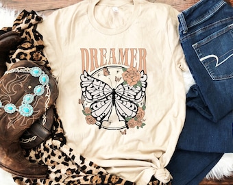 Dreamer Butterfly Shirt, Dreamer Shirt, Butterfly Tee for Women, Distressed 90s Shirt, Boho Tees, Spring Shirts