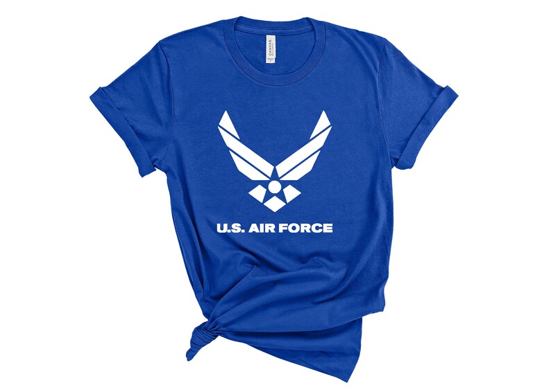 May include: A royal blue t-shirt with a white U.S. Air Force logo and the text "U.S. AIR FORCE".