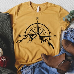 Compass Shirt, Mountain Silhouette Compass Shirt, Compass shirt, Outdoors Nature Campers T-Shirt Tent Forest Camper Nature Lovers Gift Shirt