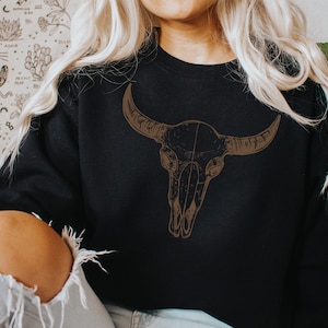Boho Cow Skull Sweatshirt, Howdy Shirt, Wild West Shirt, Cowgirl Shirt, Bull Skull Shirt, Country Music Shirt, Wild West Sweatshirt