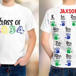 Customizable Hand Print Graduation Tee, Add Handprint Every Year, Preschool Shirt, Back To School Shirt, Class Of 2034 Personalized Shirt