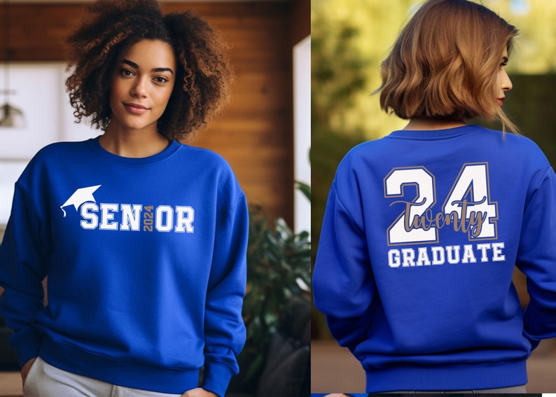 Puede incluir: Sudadera azul real con texto blanco y un gr&aacute;fico de gorro de graduaci&oacute;n. La parte delantera dice "SENIOR 2024". La parte trasera de la sudadera muestra "24 Twenty GRADUATE" en letras blancas y grises. La sudadera es de estilo casual.