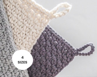 May include: Three crocheted pot holders in gray, white, and purple with a loop handle. The pot holders are stacked on top of each other. A white circle with the text "4 SIZES" is in the center of the image.