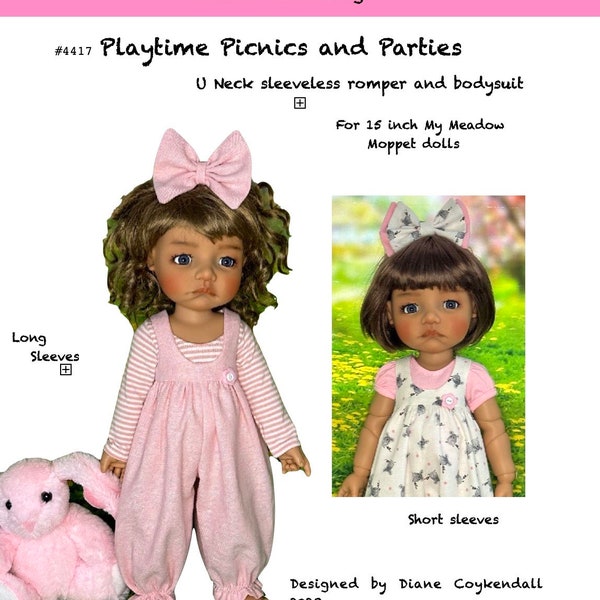 4417 U Neck romper and bodysuit sewing pattern for 15 inch My Meadow Moppet dolls such as Mae, Tia, Aya and Leigh