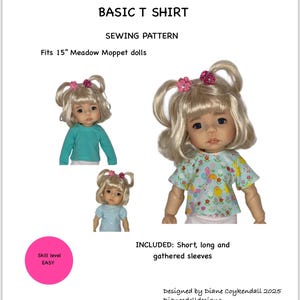 Puede incluir: Un patrón de costura para una camiseta básica, diseñado para muñecas Meadow Moppet de 38 cm. El patrón incluye mangas cortas, largas y fruncidas. El nivel de habilidad es fácil. La imagen muestra muñecas con las camisetas.