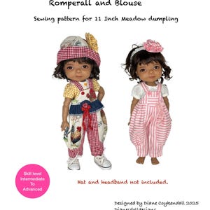 May include: A sewing pattern for a romperall and blouse for an 11-inch doll. The pattern includes instructions for a romper with red and white gingham, denim, and chicken print fabric. The skill level is intermediate to advanced. The text reads "Dianes Doll Designs".