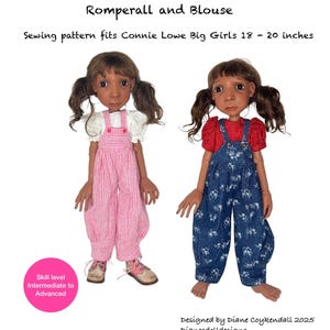 May include: Two dolls wearing handmade outfits. One doll is in a pink gingham romper and white blouse, the other in a blue floral denim romper and red blouse. The sewing pattern fits 18-20 inch dolls. Text reads "Dianes Doll Designs" and "Romperall and Blouse".