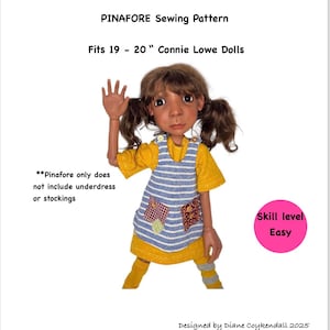 May include: A doll in a yellow top and a blue and white striped pinafore with patches. The doll has brown pigtails and is designed for 48-51 cm Connie Lowe dolls. The sewing pattern is labeled "Easy".