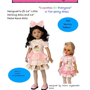 May include: PDF sewing pattern for a three-tiered party dress for 13-inch Little Darling and Paola Reina dolls. The dress is pink and white with a gingham pattern and features a bunny design. The skill level is intermediate. "Cupcakes for Everyone" is written on the pattern.