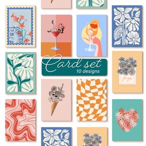 Könnte beinhalten: Ein Kartenset mit 10 Designs. Die Karten zeigen verschiedene Illustrationen, darunter Blumen, Cocktails und abstrakte Muster. Die Farbpalette umfasst Blau-, Orange-, Rosa- und Gelbtöne. Die Worte "Card set" und "10 designs" sind sichtbar.