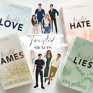 Op de afbeelding: Een set van vijf boekomslagen met de titel "Twisted" en een ander woord erna. De woorden zijn "Love", "Hate", "Games", "Lies" en "Stickers". De omslagen zijn allemaal in verschillende kleuren en hebben verschillende ontwerpen. De omslagen zijn allemaal van dezelfde auteur, Ana Huang.