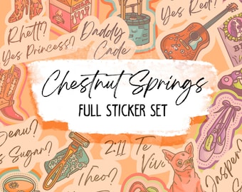 May include: A set of colorful stickers featuring various illustrations and text. The stickers include a well, a guitar, a pair of cowboy boots, a milk carton, a pacifier, a chihuahua, a razor, a teacup, and a pair of ballet shoes. The text on the stickers includes "Rhett? Yes Princess?", "Daddy Cade", "Cade!! Yes Red?", "Jeau? Sugar?", "2:11 Te Viv", "Theo? Yes Tink", "Chestnut Springs FULL STICKER SET", and "Jaspern Yes C".