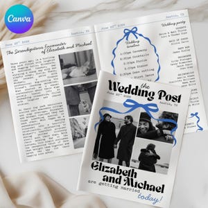 Könnte beinhalten: Eine Hochzeitsanzeige im Stil einer Zeitung, mit einem blauen Band und Schleife. Die Schlagzeile lautet "The Wedding Post" mit dem Datum "June 23rd, 2026" und dem Ort "Austin, TX". Die Anzeige zeigt eine Fotocollage des Paares, Elizabeth und Michael, mit dem Text "Elizabeth and Michael are getting married today!"