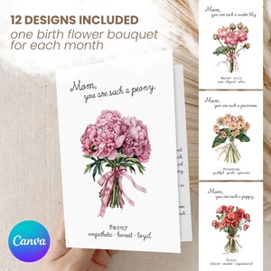 Afdrukbare Moederdagkaart | Personaliseerbaar geboortebloemen Moederdagcadeau | Bewerkbare aangepaste geboortebloem digitale print | Bundel van 12 kaarten