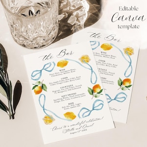 Modello Canva per menù elegante per matrimonio / Download digitale per matrimonio in spiaggia / La Dolce Vita / Estetica dei vecchi soldi / Menù cocktail modificabile 5x7
