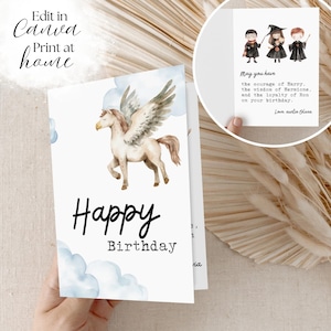 Harry Potter-Themed Editable Canva Birthday Card | DIY Kids Birthday Card | Digital Download 5x7 Folded Card | Whimsical Art | Print-at-Home